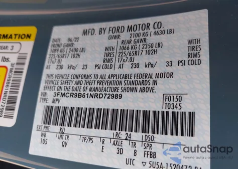 2022 Ford Bronco Sport Big Bend z USA, uszkodzony, nr VIN 3FMCR9B61NRD72989